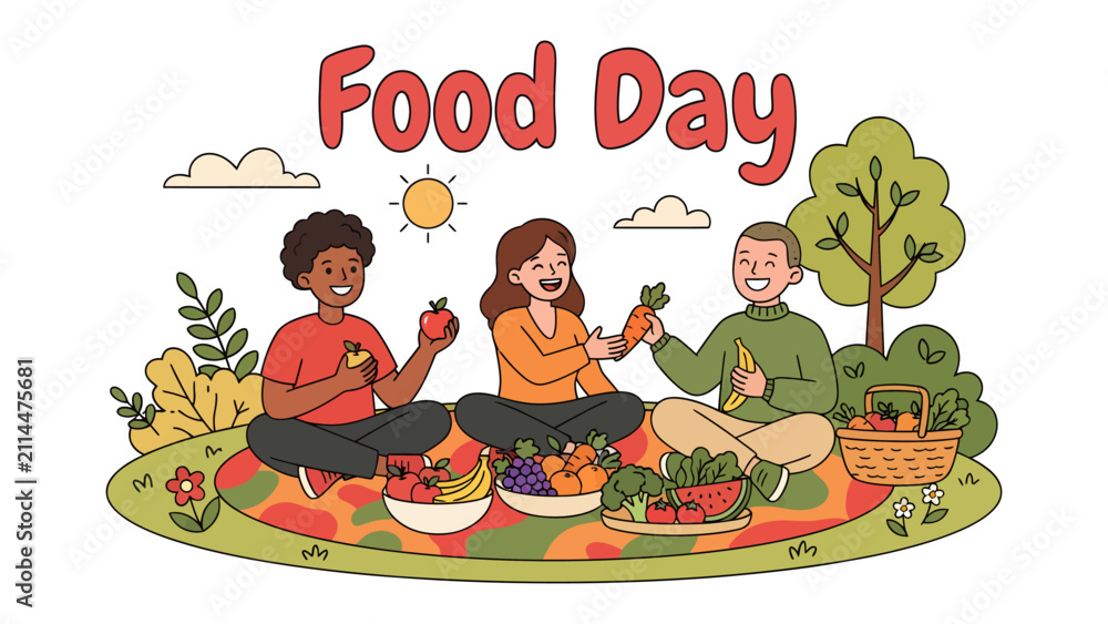 Fototapeta premium Food Day Celebration: Three happy friends share a healthy picnic feast, enjoying fresh fruits and vegetables outdoors on a sunny day, celebrating the joys of good food and friendship.