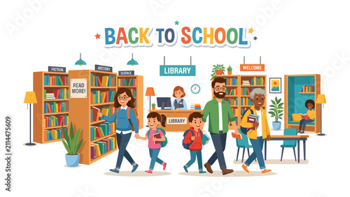 Back to School Library Scene: A vibrant illustration depicts a lively library scene filled with diverse families and students returning to school.