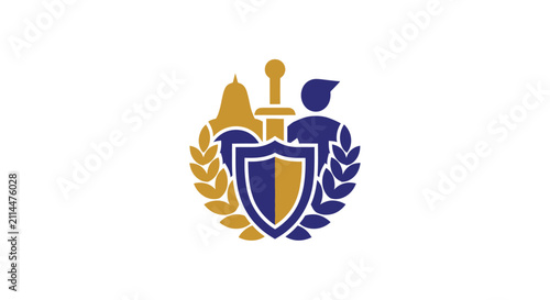 Shield with sword and laurel wreath.