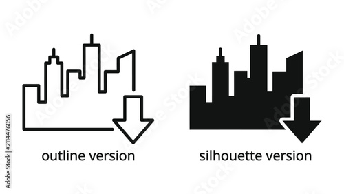 Obraz na płótnie Urban Decline Icons: Two stylized icons depicting a city skyline with a downward arrow, representing decline or a downturn in the urban economy or real estate market