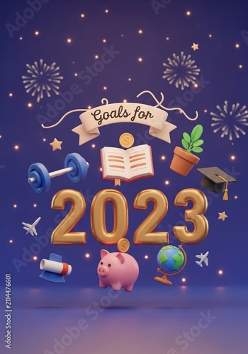 3D Design: Whimsical New Year aspirations rendered in vibrant, golden 3D, bathed in soft, celebratory light, with sparkling fireworks above.