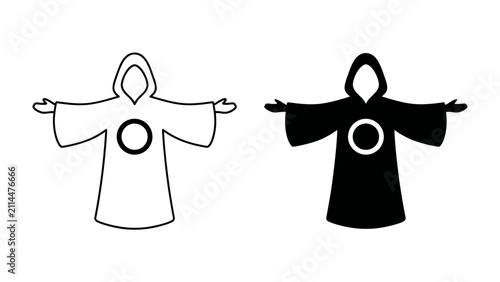 Foto Monk Robe Iconography: Two stylized monk robes, one in white outline and one in solid black, are presented side-by-side, each featuring a circular emblem on the chest