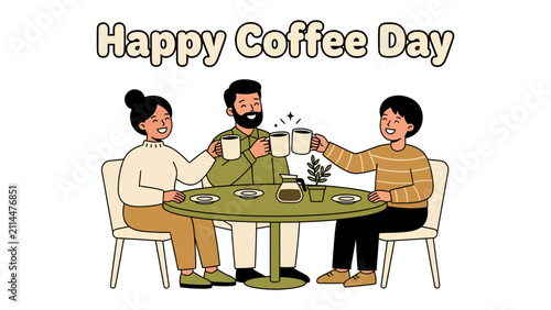 Quadro su tela Happy Coffee Day Celebration: Three smiling individuals clink their coffee mugs together around a table, sharing a moment of joy and camaraderie on Coffee Day