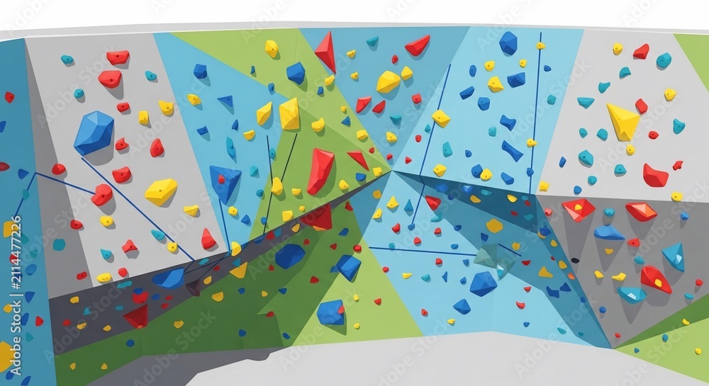 Fototapeta premium Geometric Ascent: A colorful, multi-faceted rock climbing wall awaits.