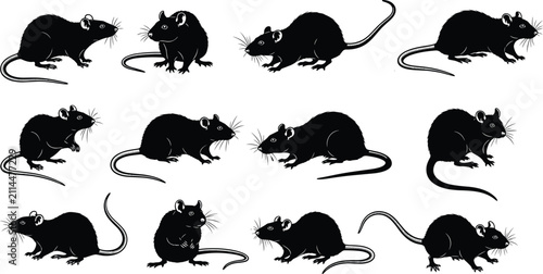 Quadro su tela Black silhouette rat and mouse collection with rodent icons in various poses for