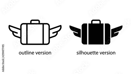 Foto Winged Suitcase Icon: This graphic showcases a stylized suitcase with wings, presented in both outline and silhouette versions, symbolizing travel and freedom