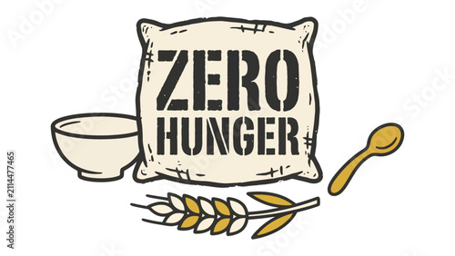 Foto Zero Hunger: A symbolic illustration representing the fight against hunger, featuring a burlap sack with ZERO HUNGER stenciled on it, alongside a bowl, spoon, and wheat stalks