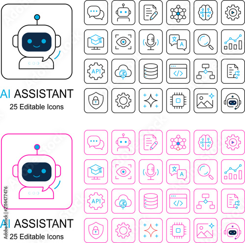 Modern AI Assistant Icons Collection – Chatbot, Machine Learning & Automation Editable Stroke Vector Pack