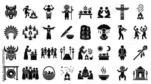 Cuadro en lienzo Comprehensive set of black and white tribal ritual icons featuring shamanic symbols, indigenous traditions, totem poles, ritual dances, campfires, headdresses, and ancient pagan spiritual ceremonies