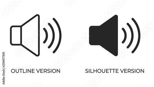 Фотография Speaker Icon Pair: A clean graphic resource featuring two speaker icons, one in outline and the other as a solid silhouette, representing sound volume levels