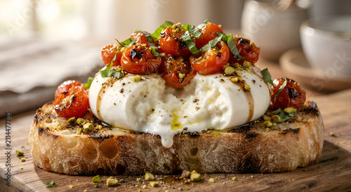 Fresh burrata cheese is topped with roasted cherry tomatoes