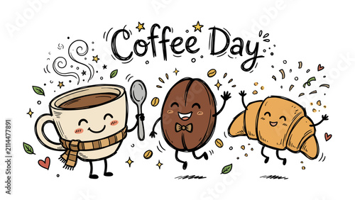 Celebrate Coffee Day: A whimsical illustration depicts a steaming cup of coffee, a dancing coffee bean, and a happy croissant celebrating Coffee Day with confetti and sparkles.