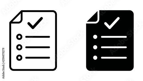 Konstfotografi Checklist Icons: Two stylized icons of a document with a checklist and a checkmark, presented in both outline and solid black styles, symbolizing completion and task management