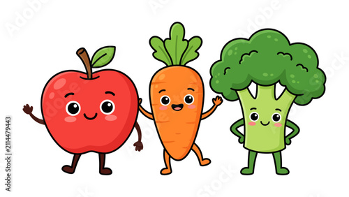 Canvastavla Happy Cartoon Fruit and Vegetables: A cheerful apple, a smiling carrot, and a jovial broccoli character stand together, showcasing the fun and vibrant side of healthy eating