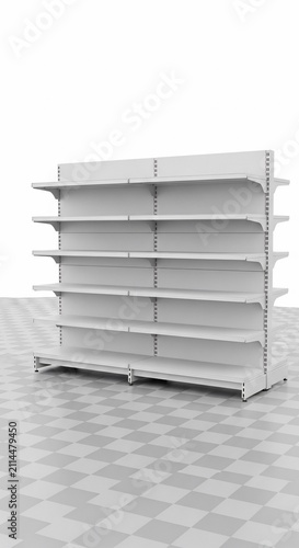 A minimalist 3D render of clean, empty shelving units bathed in even, neutral lighting, showcasing a pristine, uncluttered design.