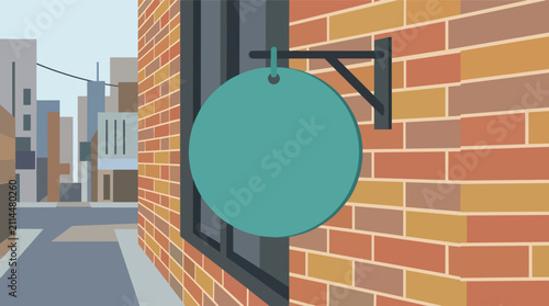 Blank circular shop sign on brick wall in urban street setting flat vector illustration for storefront branding identity