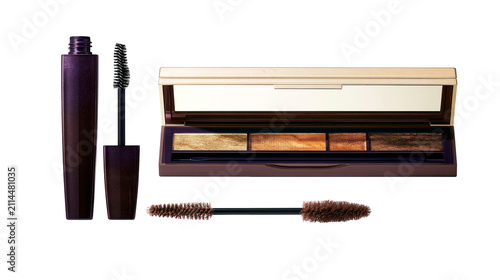Canvastavla Dark purple mascara tube with wand and eyeshadow palette with golden shades