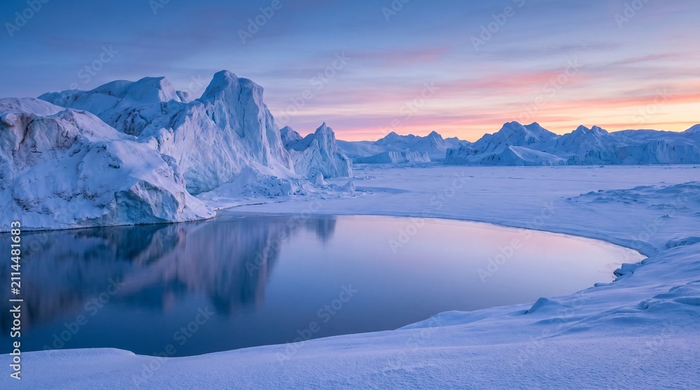 Obraz premium Arctic Landscape with Glacial Icebergs Frozen Sea Water and Sunset Sky During Blue Hour Twilight