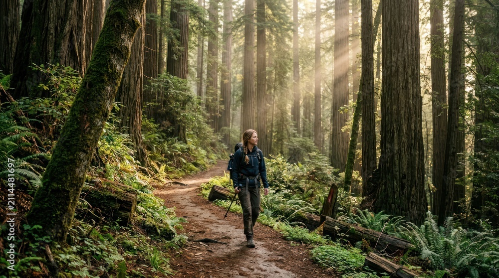 Obraz premium Person Hiking Through Sunlit Redwood Forest Trail.