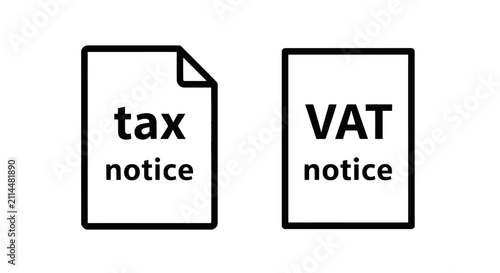 Tax notice and vat notice document icons labeled for official business and government financial correspondence with document financial official