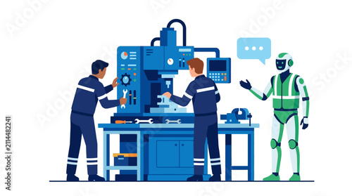 Factory workers collaborate with an advanced humanoid robot to operate industrial machinery for efficient manufacturing production in a modern smart facility.