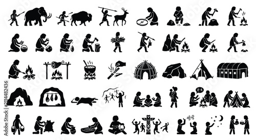 Foto Silhouette icon set featuring prehistoric stone age activities: hunting mammoths, fire making, tool crafting, gathering, cave painting, primitive huts, and early human social behaviors
