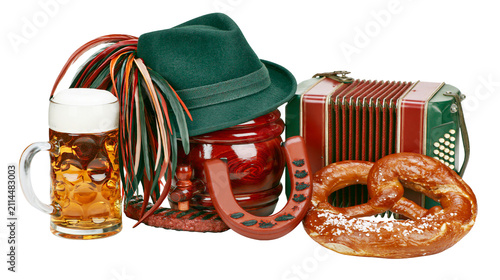 Oktoberfest beer mug pretzel accordion hat, and horseshoe