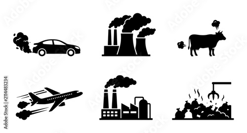 Foto Pollution Icons: Car, Factory, Cow, Airplane, Landfill, Industrial Emissions Vec