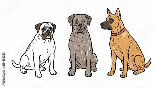 Three Seated Dogs Sketch Illustration.