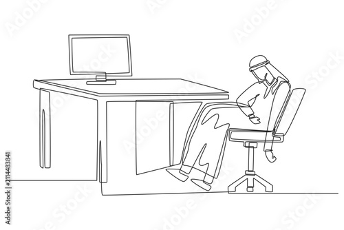 Принти на полотні A continuous line drawing depicting an exhausted young Arab businessman slumping back completely in his office chair away from his computer desk, suffering from severe work fatigue