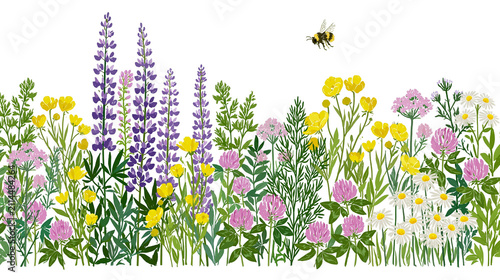 Wildflower meadow with lupine clover buttercups, daisies and bee