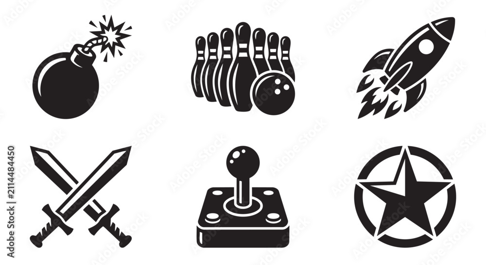 Fototapeta premium Action and adventure gaming icon set with adventure joystick military videogame explosion