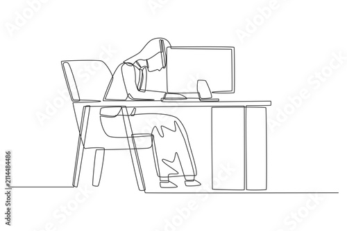 Foto A continuous line drawing depicting a young Arab businessman slumping forward in fatigue at his office desk in front of a computer monitor, showing workplace exhaustion