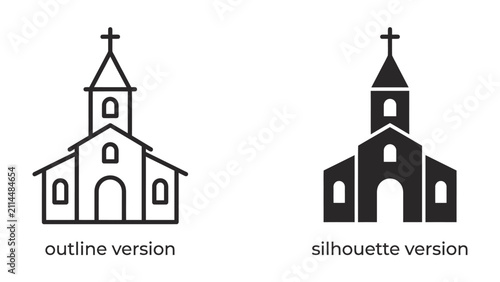 Bild auf Leinwand Church Icon Set: A pair of stylized church icons, one an outline and the other a solid silhouette, representing a place of worship and spiritual gathering