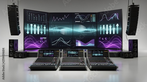 Advanced audio mixing console and multi-screen display setup for professional sound production.
