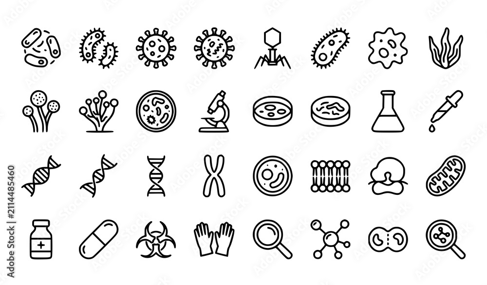 Obraz premium Scientific Microorganism Line Icons with Laboratory Biology and Medical Research Editable Stroke Vector Illustration
