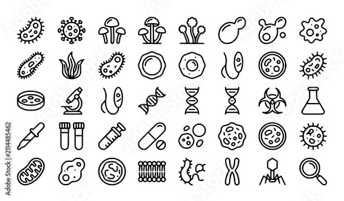 Fotografía Microorganisms Outline Icons Set with Bacteria Virus Fungi Protozoa Laboratory a