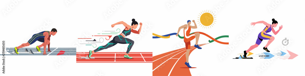 Fototapeta premium Set of diverse vector illustrations showing male and female athletes at various stages of a track and field race, from start to finish.