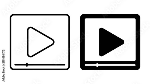Play Button Icons: Two simple, clean icons representing a play button on a screen interface, one outlined and one filled black, signifying media playback and digital content.