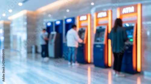 Blurred people using automated teller machines in modern bank lobby for financial transactions and cash withdrawal services in urban commercial center interior