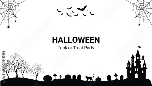 Fotografie Halloween trick or treat party scene with bats spiders castle and graveyard