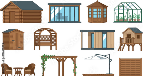 Konstfotografi Wooden Garden Buildings and Backyard Architecture Vector Icon Set Featuring Shed
