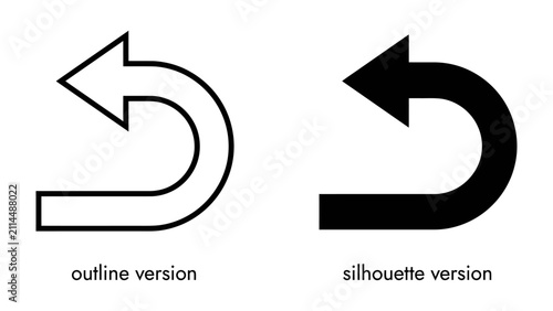 фотографія Undo Arrow Icon Set: A clear graphic representation of undo actions, featuring both an outline and a filled silhouette of a curved arrow, indicating a return or reversal