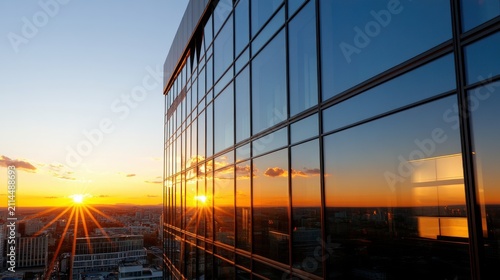 A modern glass building reflecting the sunset sky, symbolizing progress and urban beauty