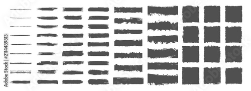 Collection of black brush strokes and textured paint elements in various line and square shapes. Grunge art set with rough edges on transparent background.