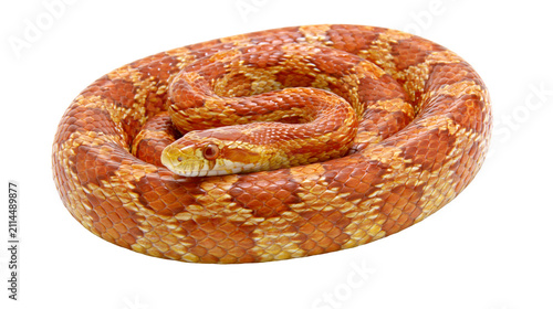 Photography Orange corn snake coiled with visible head and patterned scales
