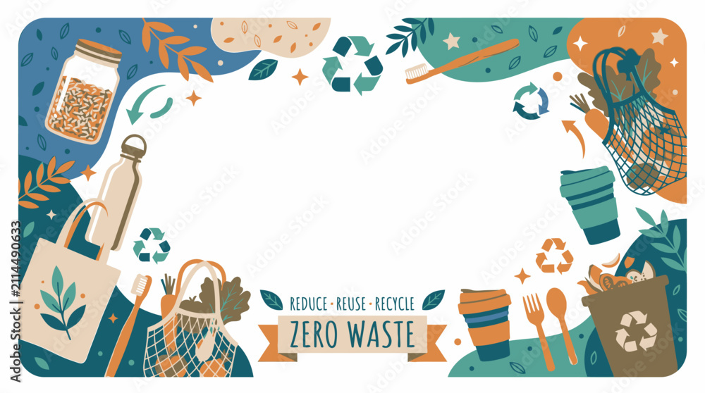 Fototapeta premium Zero waste lifestyle ecology and recycling icons frame.