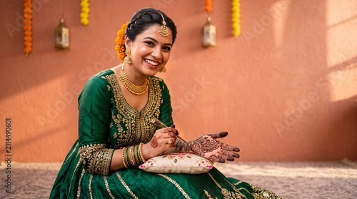 A beautiful Indian woman wearing a traditional green silk saree and gold jewelry, smiling while applying intricate henna mehndi designs on her hands during a festive celebration at home.