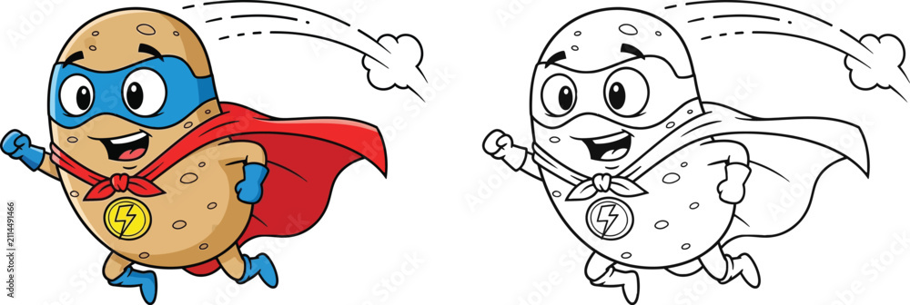 Fototapeta premium Super Potato Hero Cartoon Vector Illustration with Coloring Page Outline