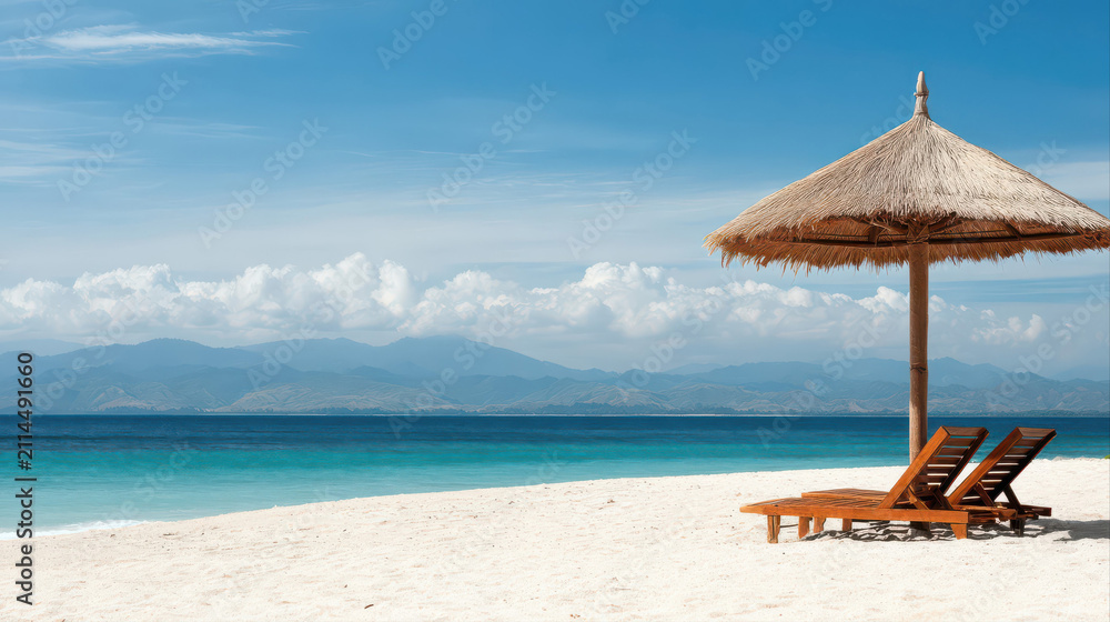 Fototapeta premium Photorealistic tropical beach scene with wooden lounge chairs under a thatched umbrella. Turquoise ocean and clear blue sky create a tranquil vacation atmosphere.
